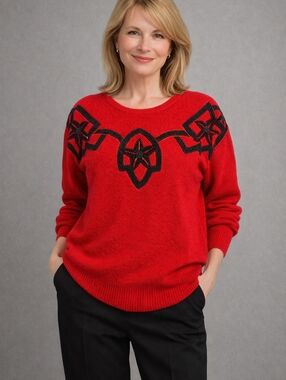 Womens Red silk Black beaded Sequins Christmas Knitted Sweater Soft Sz Lg Vintag